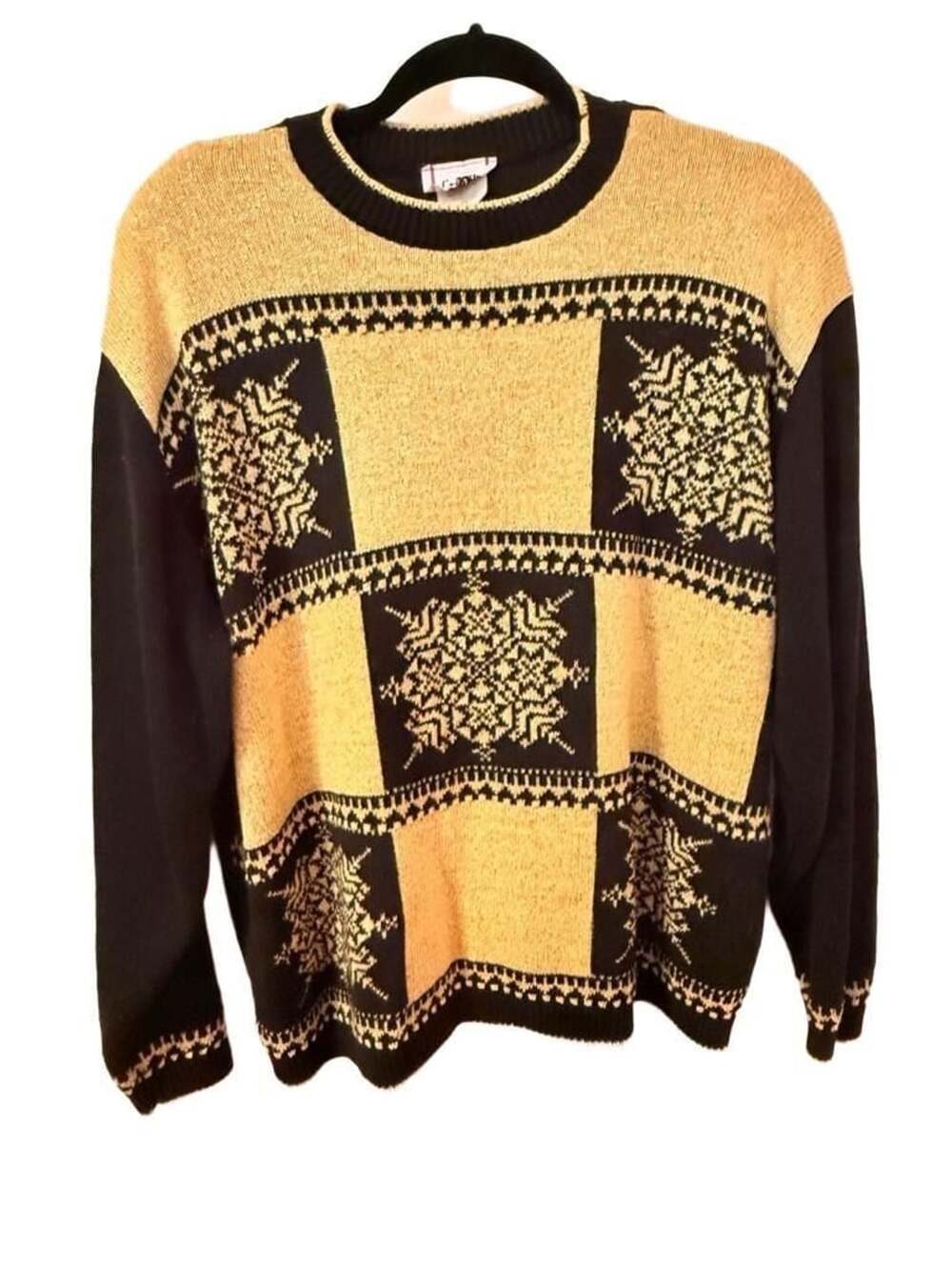 Cricket Lane Snowflake Vintage Sweater XL Black Gold Metallic